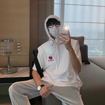 Hualun summer shoulder vest mens summer tide top niche ins embroidered T-shirt hooded sleeveless casual tee