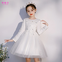 Girl white princess dress puffy gauze children high-end foreign evening dress flower girl girl host performance autumn
