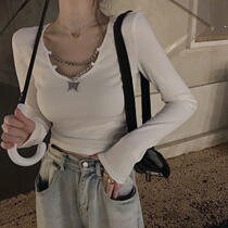 Fenchy chain stitching V-neck sexy white T-shirt women autumn tight long sleeve base shirt interior short top