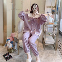 Dolls collar Spring autumn Winter Han version Cotton Cotton Girls Sleep Cardiovert Sweatshirt Sweetness Long Sleeve Long Pants Loose Home Suit Suit