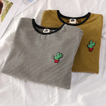 Girl Crack t-shirt CUHK Scout Striped Korean Version Loose Tide Card Sleeve Head Hit Bottom Long Sleeve Blouse 2022 Spring Dress New