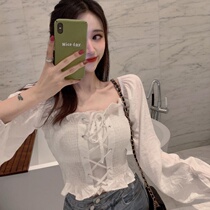 Net red chiffon shirt female foreign style early autumn new Korean version short shoulder top sweet Super fairy long sleeve shirt