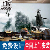 Large martial arts seamless mural restaurant Restaurant Hotel background wallpaper snack bar hot pot restaurant wallpaper Knight Ink ink rivers and lakes