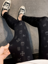 Korean printed tight elastic leggings women wear black shark skin CH Dark Flower fitness high waist nine feet