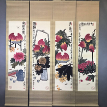 Retro antique Chinese painting old silk cloth framed quadruple mural hand-painted calligraphy and painting has been framed Qi Baishi Shoujiu painting