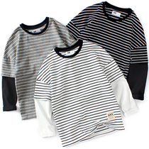 Boys long-sleeved T-shirt spring 2021 new childrens fake two-piece base shirt pure cotton childrens spring and autumn top tide