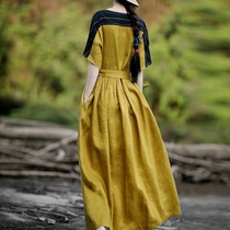 2020 Summer new national style buckle dress female retro temperament color stitching summer long skirt thin