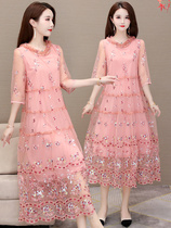 Embroidered mesh dress Women summer 2021 new foreign style loose belly cover fashion knee seven-point sleeve A- line dress