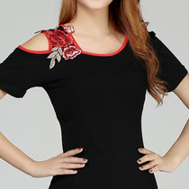 2020 new large size square dance clothing three-dimensional flower round neck big swing skirt short sleeve set spot