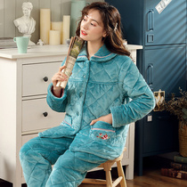 Winter pajamas women's three-layer padded coral fleece cotton warm size 200kg mother plus fleece can wear a suit