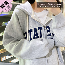 (counter-season special price) Korean whau classic letter zipped sweatshirt with cap coat college wind plus velvet