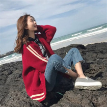 Autumn and winter Net red loose thick red sweater coat women 2021 new very fairy foreign style short knitted cardigan