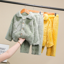 Childrens flannel pajamas set warm autumn and winter girls plus velvet home clothes boys baby thick coral velvet