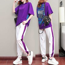 Tide brand purple leisure sports suit women 2021 summer new fashion loose short sleeve ankle-length pants cotton two-piece