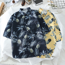ins overfire short sleeve shirt man 2021 summer harbor wind loose printed Korean version casual 100 hitch student blouse