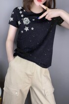 Fashion casual round neck black thin Starry Sky short sleeve T-shirt European station 2021 spring and summer womens new European tide