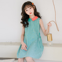 Girl sleeveless one-piece dress Children Summer Ocean Gas Stripes Coloured dolls Collar Vest Dress Children Treasure Korean version of childrens clothing