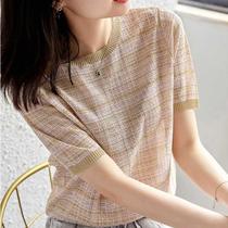 Plaid short sleeve knit blouse Women 2021 Summer new women Dress Temperament Ladies slim fit and slim fit T-shirt