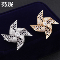 Korean gold high-end custom crystal Zircon windmill mens and womens brooch corsage collar pin bag hat decoration couple accessories