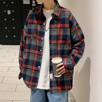  2021 Plaid shirt Mens chic Hong Kong trend long-sleeved jacket mens salt couple shirt Youth shirt