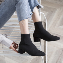 ins Net red skinny boots short tube Joker socks womens rough heel knitted stretch socks boots spring and autumn single boots