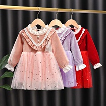 Girls winter dress 2020 new double plus velvet princess dress children Girl red lace foreign skirt