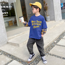 Boys  autumn T-shirt fake two-piece letter printing long-sleeved 2021 new childrens base shirt foreign style top tide