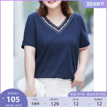 MSShe big code womens dress 2022 new summer dress fat mm national embroidery V collar short sleeve erosion hair fine cotton display slim t-shirt