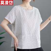 Cotton Linen T-shirt Lady Summer Dress 2022 New Middle Aged Mom Casual Loose Lenny Linen Fashion Striped Blouse