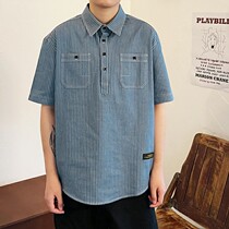 Carmack weighs in thick solid railway stripe tooling short sleeve shirt Amei click serge small code mens ruffling handsome shirt