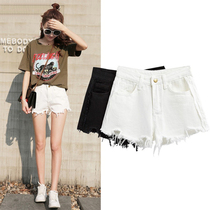 White denim shorts womens summer clothes New Fat mm size high waist loose wide legs black hot pants students 200kg