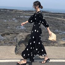  French dress female 2021 summer new v-neck temperament waist thin mid-length polka dot chiffon skirt female