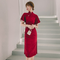 Lace red cheongsam bridal toast suit slim 2021 new summer can usually be worn back door engagement dress female