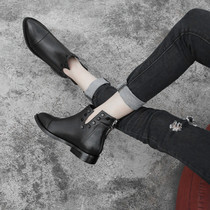 Tide brand 2021 autumn and winter new leather women boots pointed flat short boots female British style rivets Martin boots women shoes