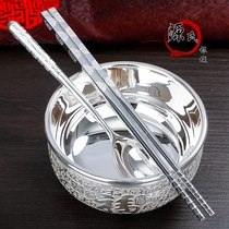 Edible grade Dragon Phoenix bright surface 999 sterling silver tableware double insulation Baifu anti-hot set silver bowl silver chopsticks silver spoon