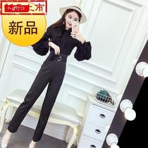 2020 Autumn and Winter new womens suit temperament lantern sleeves Joker on y clothes with high 44 waist stripes ankle-length pants two