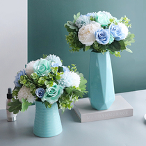 Tiffanie Blue Emulation Flower Fake Flowers Rose Nordic Silk Flower Bottle Pendulum Pieces Floral Living Room Dining Room Restaurant Decoration Pendulum