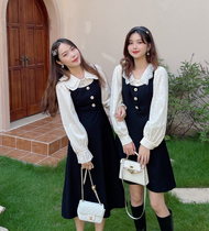 MOBAI homemade retro temperament collection waist small black dress Women 2022 Fall French style mid length braces one-piece dress