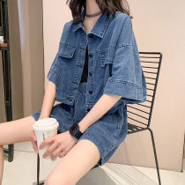 Large size womens fat sister spring and summer new fashion foreign atmosphere belly thin denim shorts set womens two-piece set
