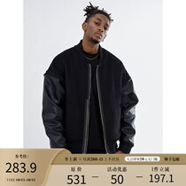 BONELESS Leather Sleeve Deconstruct Woolen Baseball Clothing Splice Done Jacket Jacket Coat Men Autumn