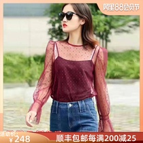 Brother new counter womens clothing 2021 spring and autumn new mesh yarn perspective round neck base long-sleeved T-shirt womens small shirt