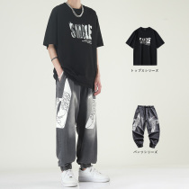 Smiley short-sleeved t-shirt mens fashion brand loose cotton t-shirt 2021 new set with handsome trend suit