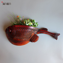 Chinese home decoration jewelry retro staircase restaurant wall decoration pendant Wall flower pot wall decoration fish wood flower insert Wall Wall