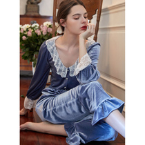 A D] golden velvet pyjamas woman autumn winter sexy suit lace French style palace wind minimalist approbable outfitting