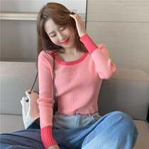 2021 spring new Korean version of the round neck with long-sleeved knitted base sweater pink tight short blouse women