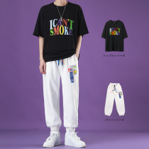 Sports pants men loose feet 2021 summer new Korean version of the tide smiley face printed Halong pants pure cotton knitted sweatpants