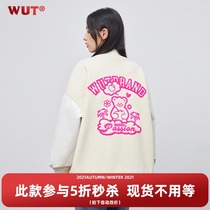 (WUT official shop) sugar-free series towel embroidered bear pupps patchwork tweed baseball jacket jacket