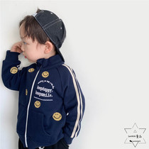 LANIKIki SPRING AUTUMN CHILDREN YELLOW SMILEY FACE EMBROIDERY CASUAL LOOSE Zip Jacket Plus Suede Woolen Loop
