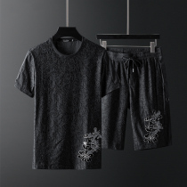 Fugui bird Ice Silk set mens high-end Chinese style printed mercerized cotton plus size casual sports short-sleeved shorts mens clothing