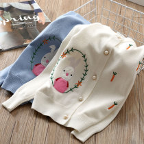 Girls sweater cardigan Korean childrens wear thin coat spring and autumn foreign childrens knitwear baby 2021 Autumn New